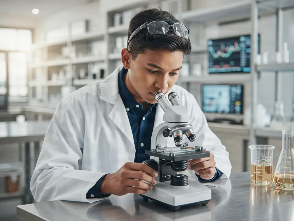 Estudiante científica mirando por un microscopio en laboratorio